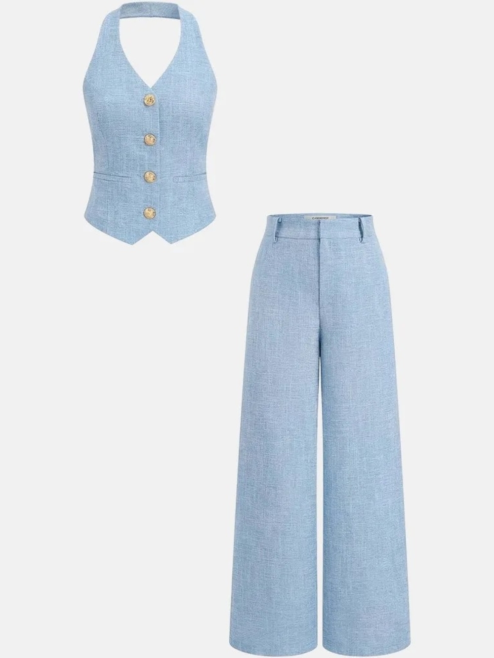 COMMENSE TWEED Light Blue Halter Vest & Wide-Leg Pants Set - Women's